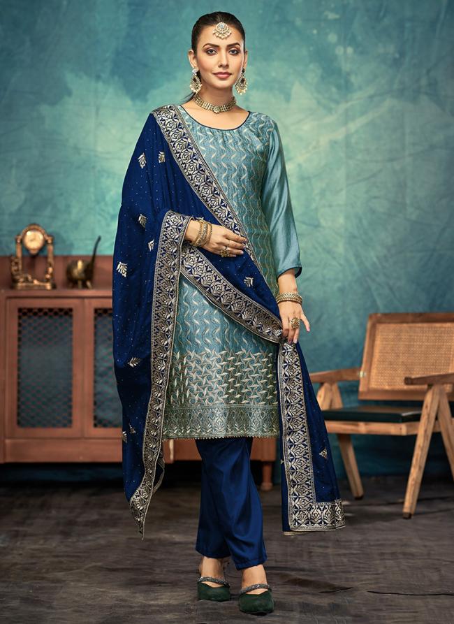 Vichitra Silk Sky Blue Festival Wear Embroidery Work Straight Suit